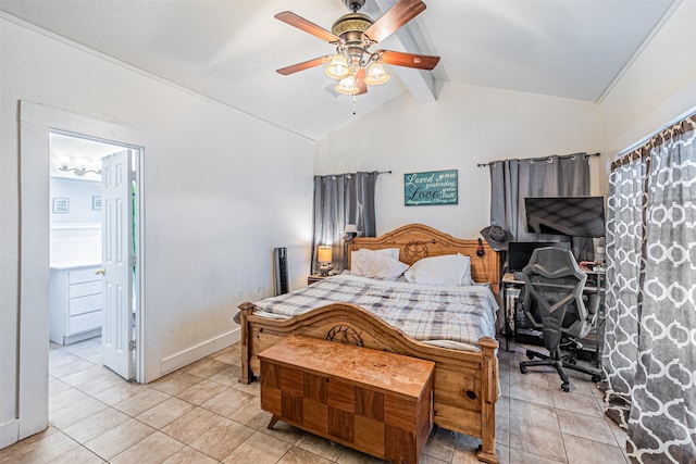 bedroom with vaulted ceiling with beams, ceiling fan, and light tile patterned flooring