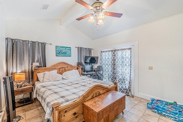 tiled bedroom with vaulted ceiling with beams and ceiling fan