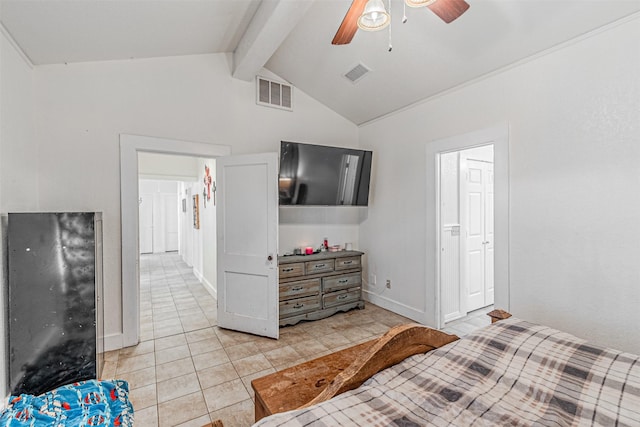 tiled bedroom featuring lofted ceiling with beams and ceiling fan