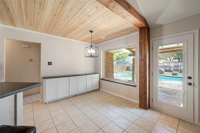 unfurnished dining area featuring wood ceiling, crown molding, and a wealth of natural light