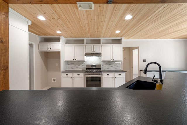 kitchen featuring backsplash, wood ceiling, sink, white cabinets, and stainless steel range with gas stovetop