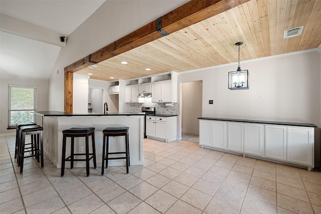 kitchen featuring backsplash, white cabinetry, hanging light fixtures, and wooden ceiling