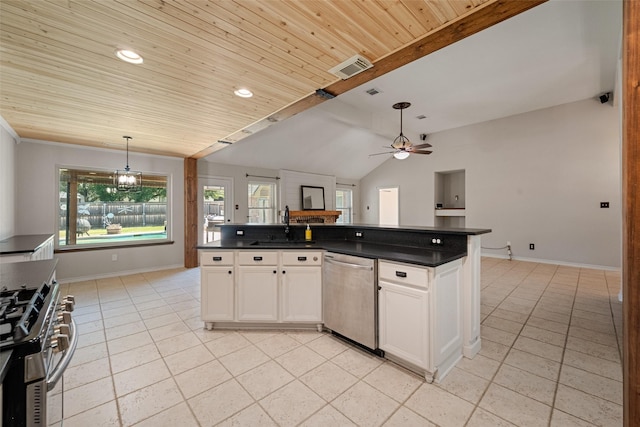 kitchen with a kitchen island with sink, sink, ceiling fan, appliances with stainless steel finishes, and white cabinetry