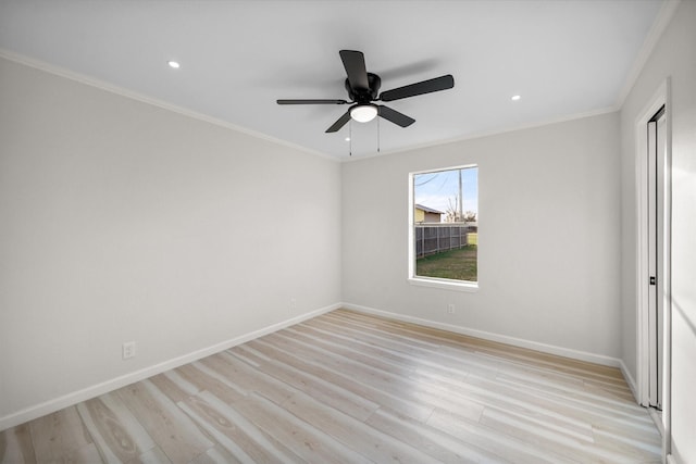 unfurnished bedroom featuring ornamental molding, ceiling fan, and light hardwood / wood-style flooring