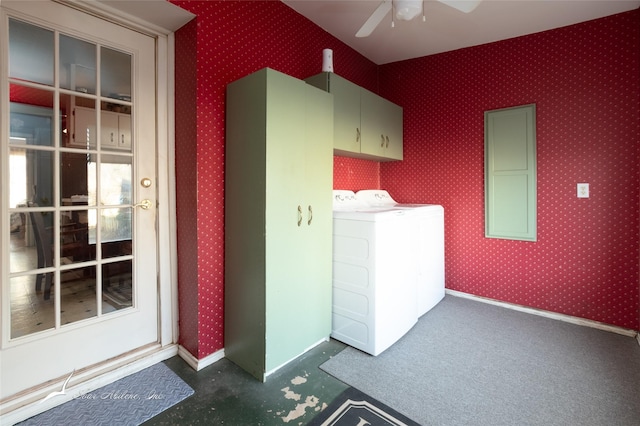 clothes washing area with cabinets and ceiling fan