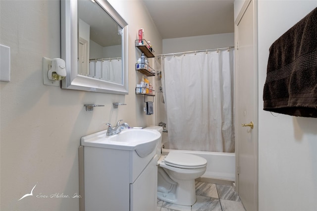 full bathroom featuring vanity, shower / tub combo, and toilet