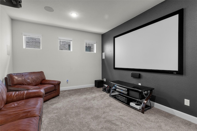 home theater room with light carpet