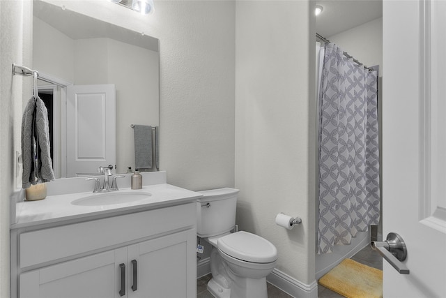 full bathroom with toilet, vanity, and shower / bathtub combination with curtain