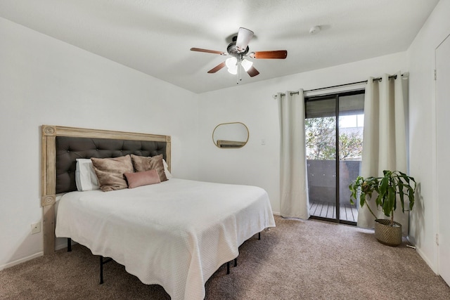 carpeted bedroom with ceiling fan and access to outside