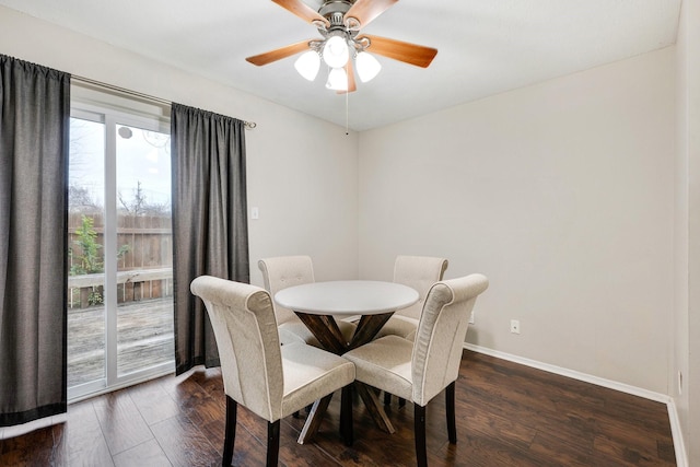 dining room with ceiling fan and dark wood-type flooring