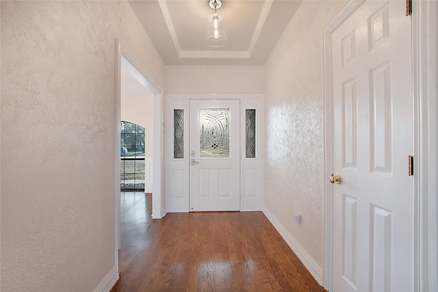 foyer entrance with hardwood / wood-style flooring and a raised ceiling