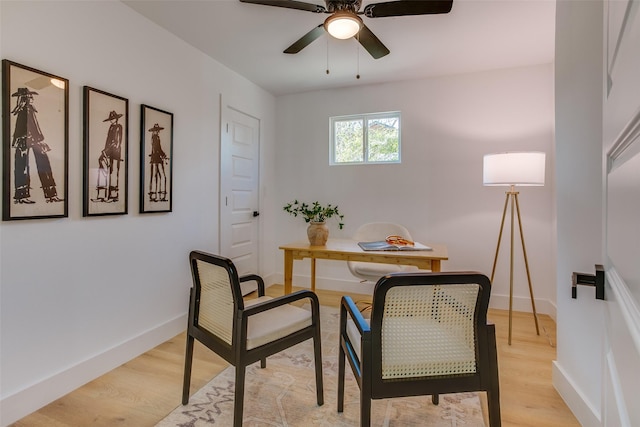 office with ceiling fan and light hardwood / wood-style flooring