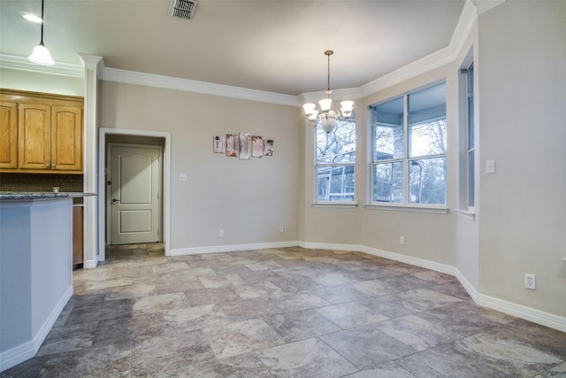 unfurnished dining area featuring an inviting chandelier and ornamental molding