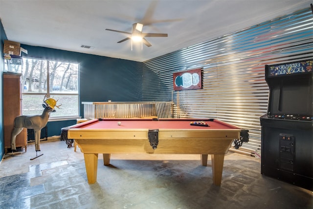 rec room with ceiling fan and pool table