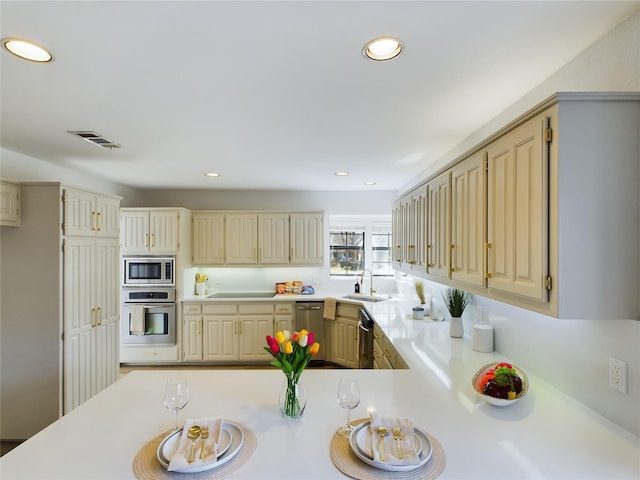 kitchen with sink, kitchen peninsula, and stainless steel appliances