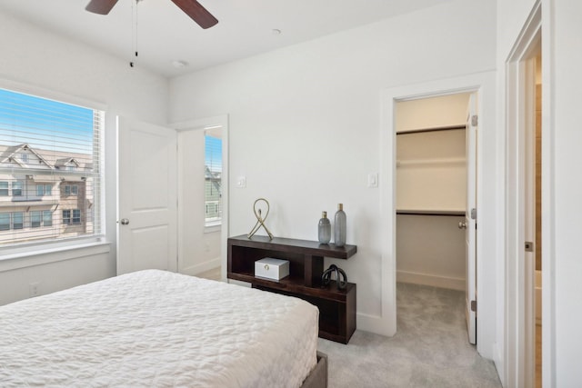 bedroom featuring a spacious closet, light colored carpet, ceiling fan, and a closet