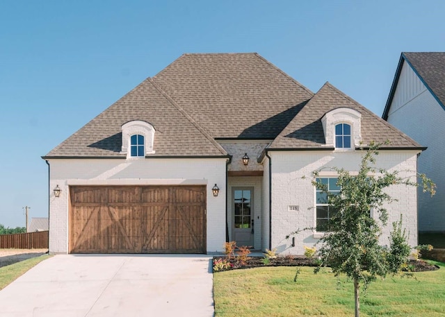 145 Kingfisher Ln, Aledo, TX 76008 - french provincial home with an attached garage, concrete driveway, a front lawn, roof with shingles, and brick siding