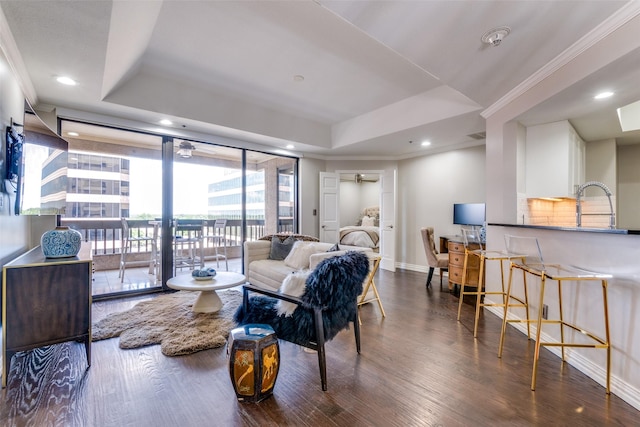 living room featuring hardwood / wood-style floors, a raised ceiling, ornamental molding, and sink