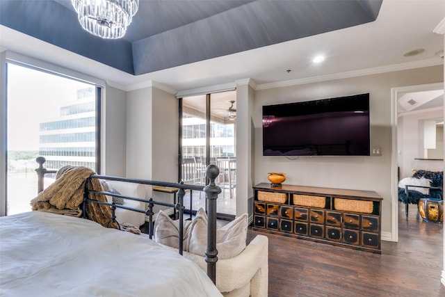 bedroom featuring a raised ceiling, access to exterior, crown molding, and dark hardwood / wood-style floors