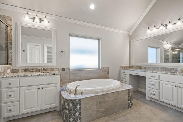 bathroom with independent shower and bath, ornamental molding, lofted ceiling, and vanity