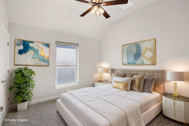 bedroom featuring ceiling fan, carpet flooring, and lofted ceiling