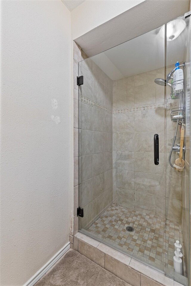 bathroom featuring a shower with shower door