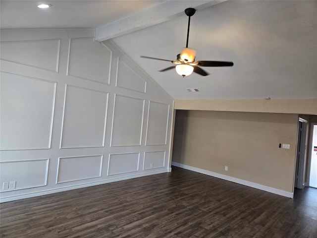 additional living space featuring vaulted ceiling with beams, ceiling fan, and dark hardwood / wood-style floors