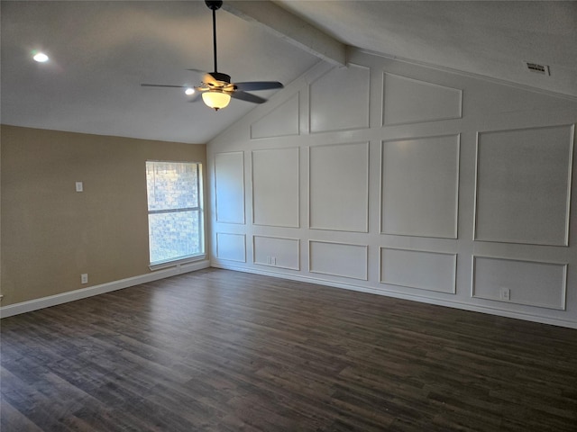 additional living space with vaulted ceiling with beams, ceiling fan, and dark hardwood / wood-style flooring