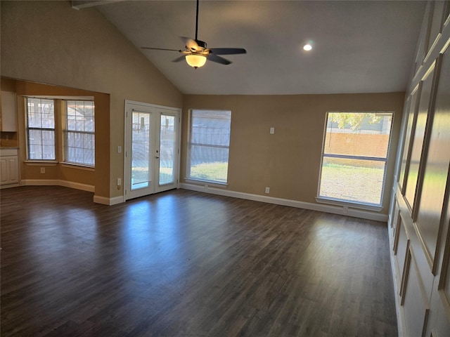 empty room featuring high vaulted ceiling, french doors, ceiling fan, beamed ceiling, and dark hardwood / wood-style flooring