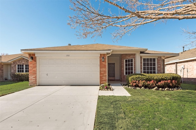 ranch-style house with a front yard and a garage