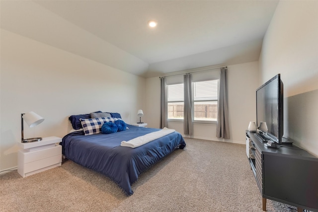 bedroom with light carpet, recessed lighting, baseboards, and lofted ceiling