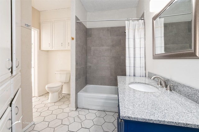 full bathroom featuring shower / bathtub combination with curtain, tile patterned flooring, a textured ceiling, toilet, and vanity