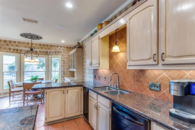 kitchen featuring sink, light tile patterned floors, dishwasher, kitchen peninsula, and pendant lighting