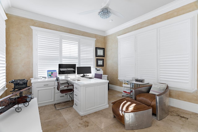 home office featuring ceiling fan and crown molding