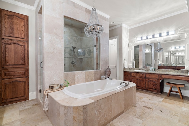 bathroom with a chandelier, shower with separate bathtub, vanity, and crown molding