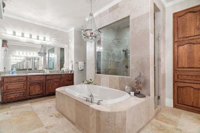 bathroom featuring a chandelier, vanity, separate shower and tub, and crown molding