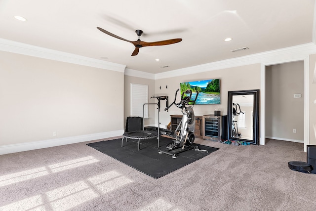 workout area with wine cooler, ceiling fan, crown molding, and carpet