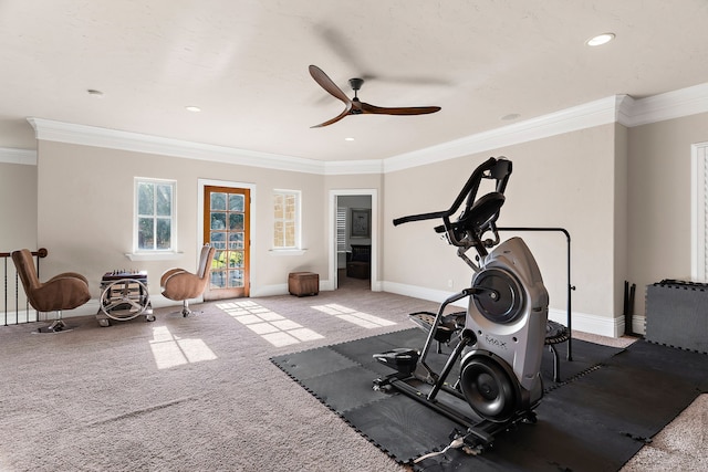 exercise room with light carpet, ceiling fan, and ornamental molding