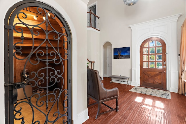 entryway with hardwood / wood-style floors and a high ceiling