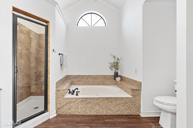 bathroom featuring hardwood / wood-style floors, ornamental molding, independent shower and bath, and toilet