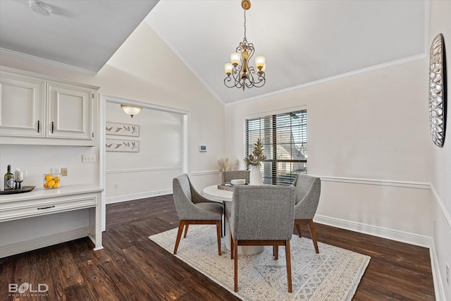 dining room featuring crown molding, vaulted ceiling, dark hardwood / wood-style floors, and a chandelier