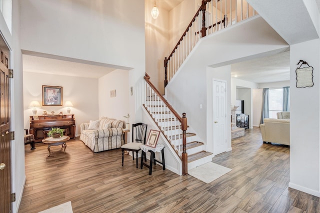 foyer entrance with a high ceiling and hardwood / wood-style flooring