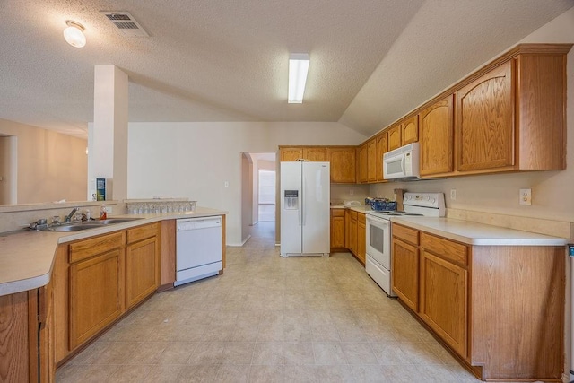 kitchen with a textured ceiling, lofted ceiling, white appliances, and sink