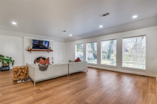 living room featuring a healthy amount of sunlight, a fireplace, and light hardwood / wood-style flooring