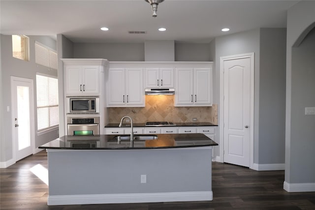 kitchen with a sink, dark countertops, under cabinet range hood, and stainless steel appliances