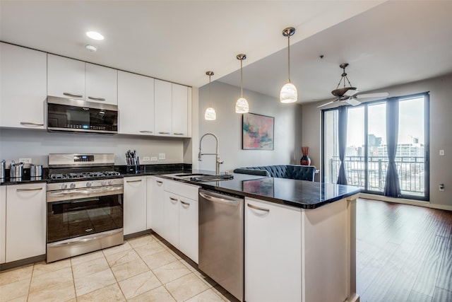 kitchen featuring white cabinets, stainless steel appliances, kitchen peninsula, and sink