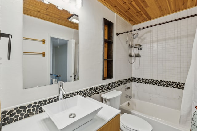 full bathroom with vanity, shower / bath combination with curtain, toilet, tile walls, and wood ceiling