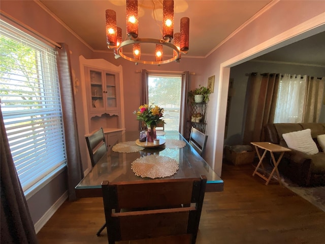 dining room with ornamental molding, a notable chandelier, and wood finished floors