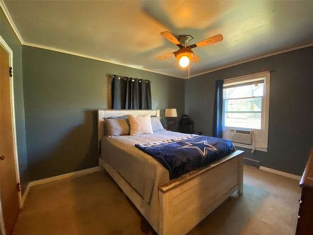 bedroom featuring ornamental molding, cooling unit, and baseboards