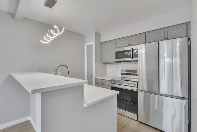 kitchen with stainless steel appliances, kitchen peninsula, light hardwood / wood-style floors, and decorative backsplash